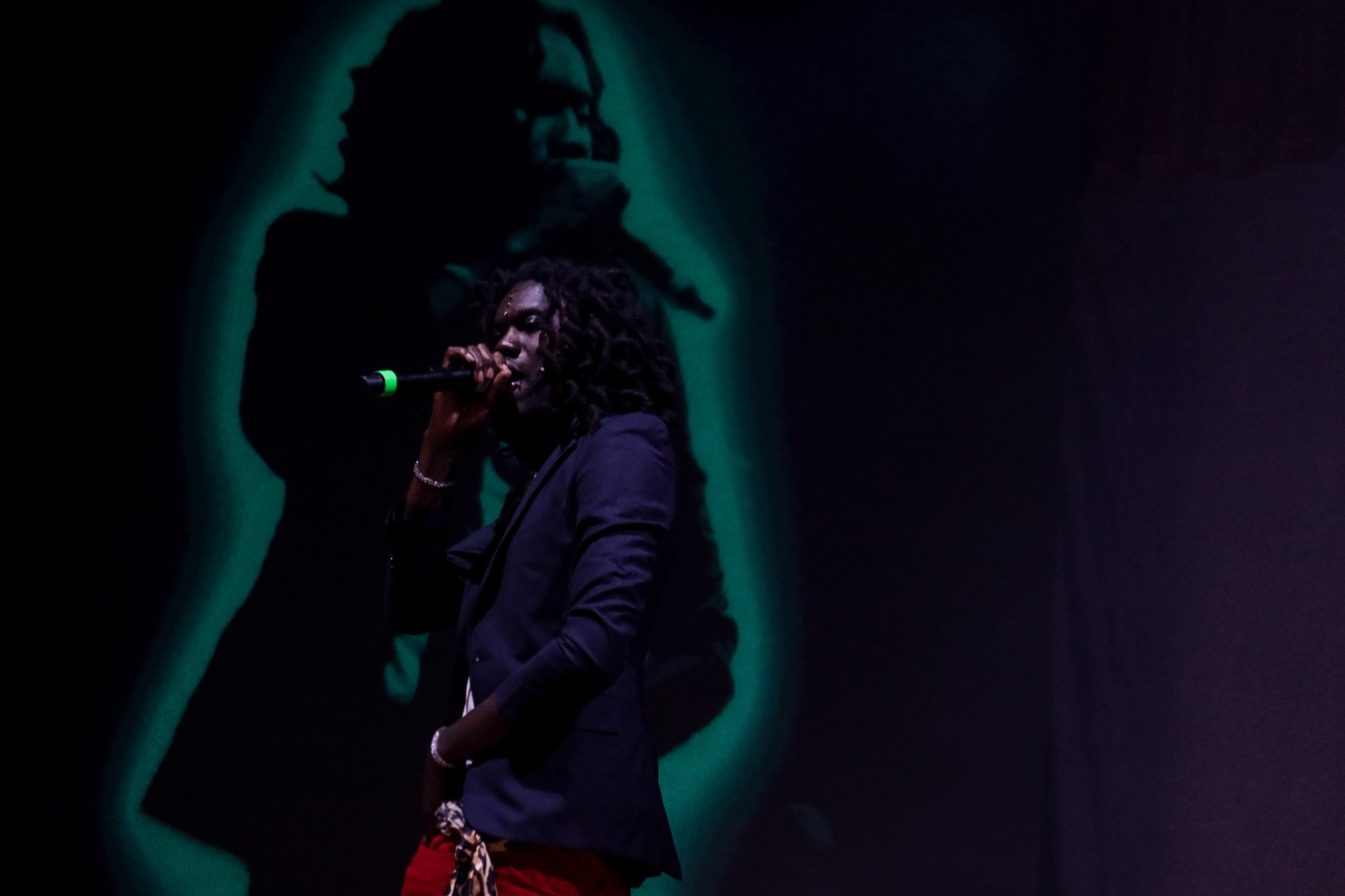 Artist performing before a projected silhouette
