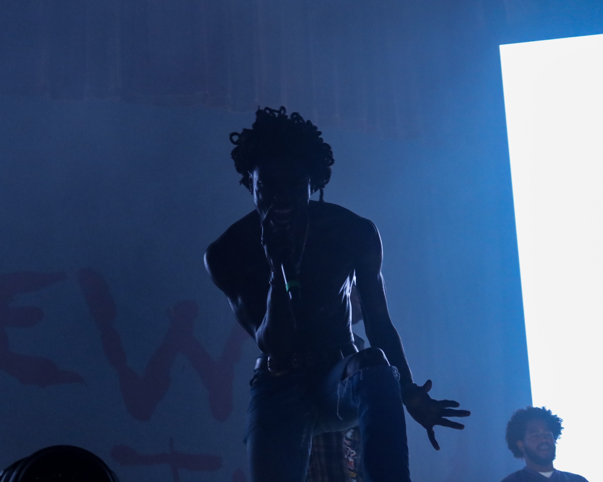 Artist silhouetted against blue stage lighting